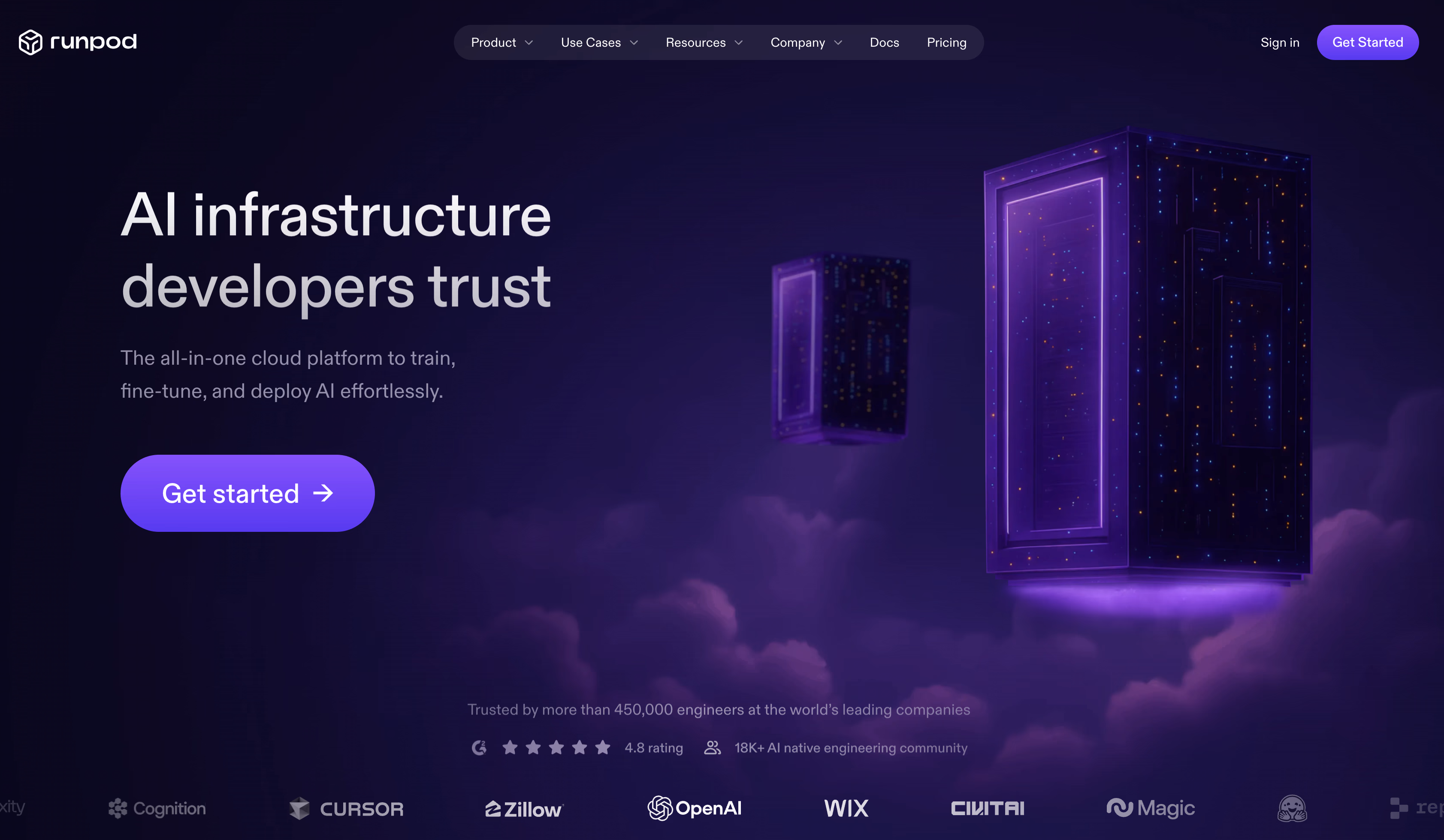 Runpod homepage with container-based GPU pods and marketplace options.