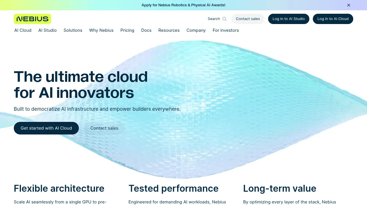 Nebius AI cloud platform focused on enterprise machine learning infrastructure.