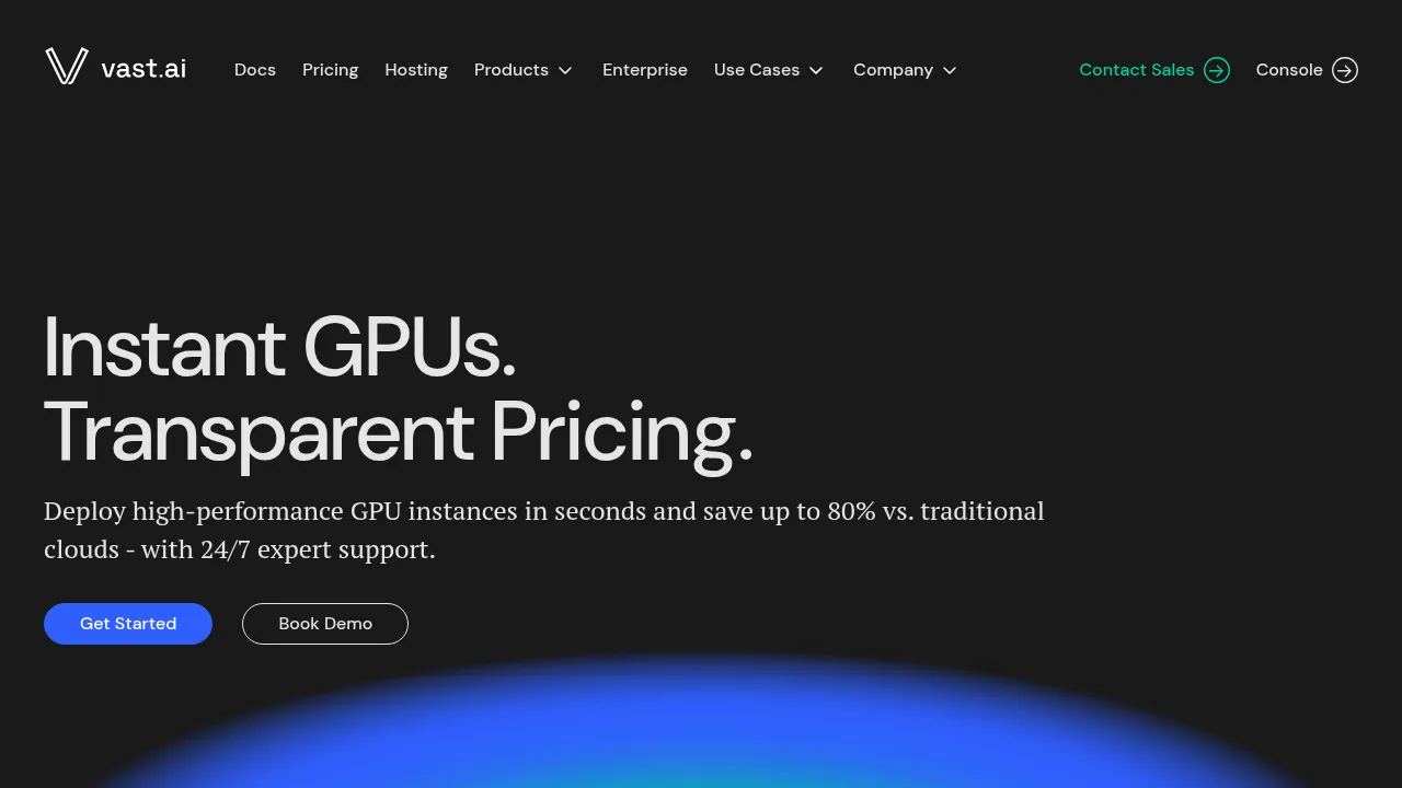 Vast.ai marketplace homepage with low-cost GPUs for image generation.