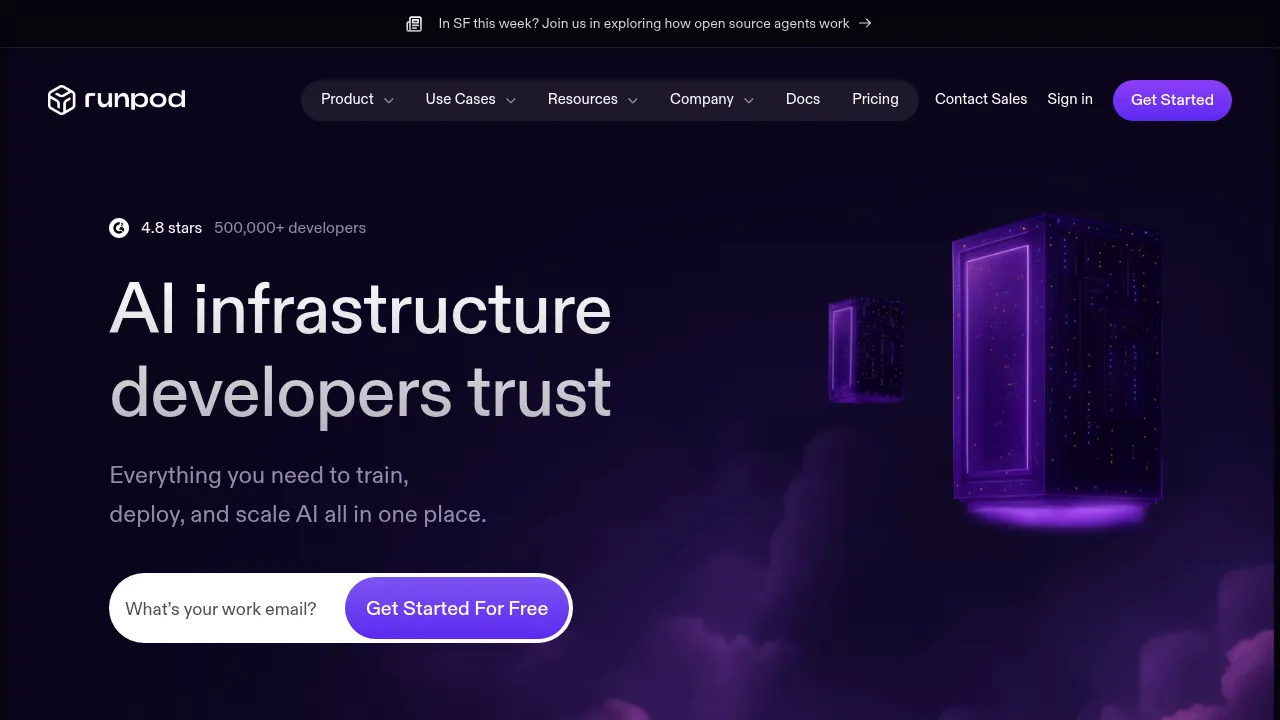 RunPod homepage with GPU options for AI art generation.