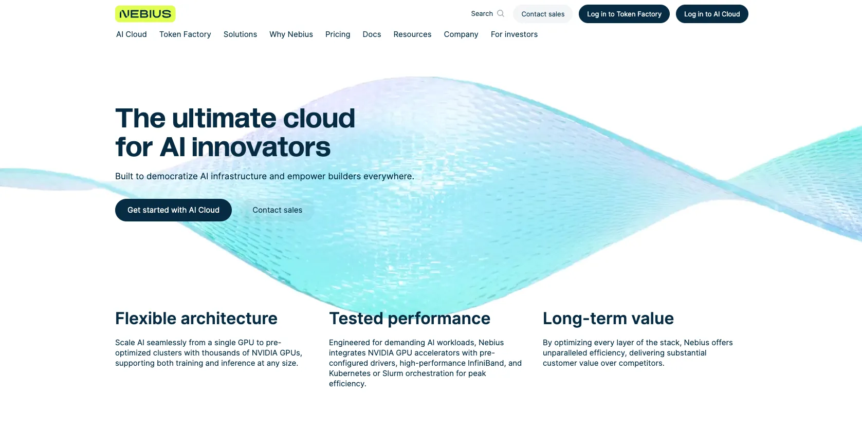 Nebius homepage with high-performance GPU clusters for AI image generation.