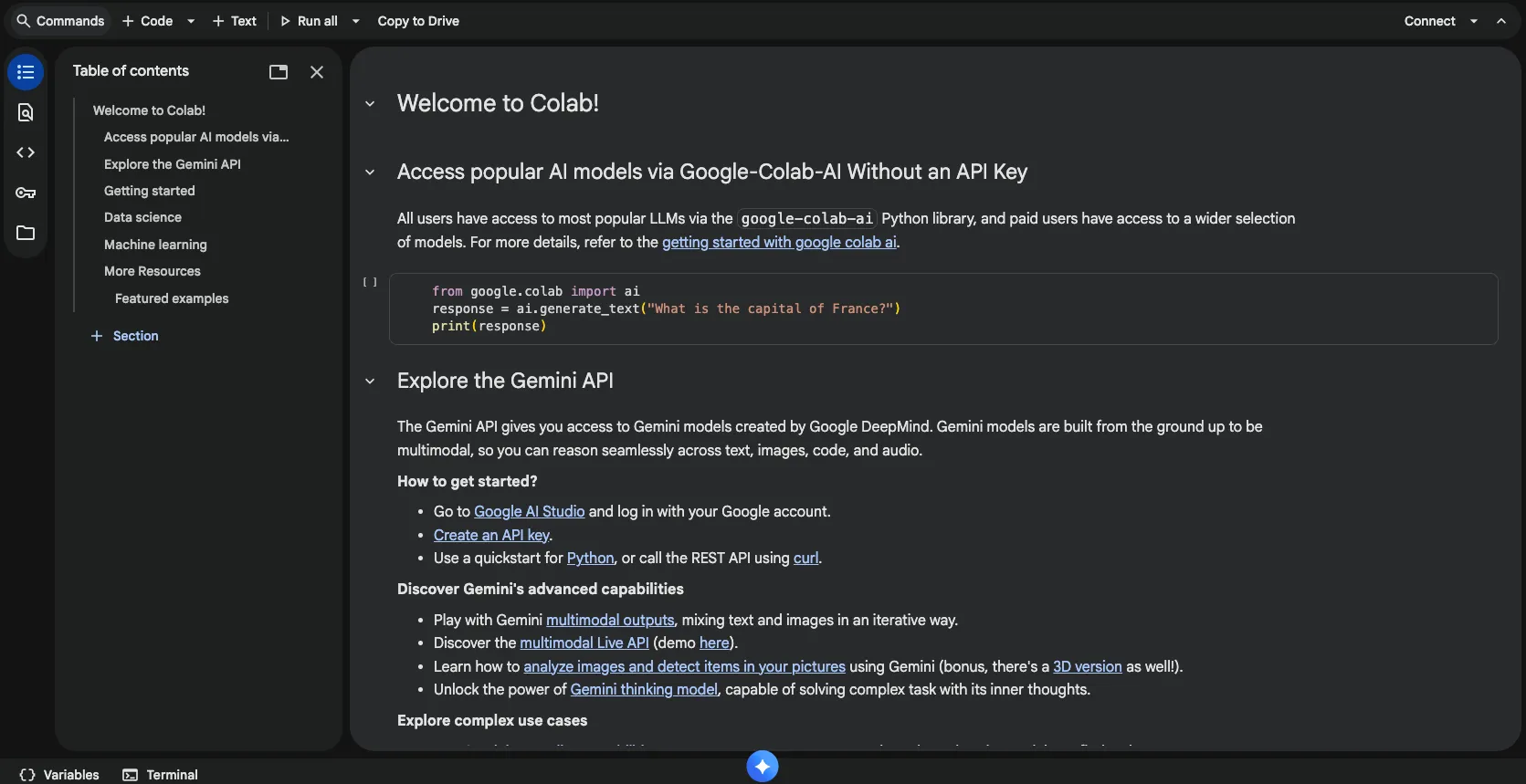 Google Colab homepage with browser-based notebooks and managed runtimes.