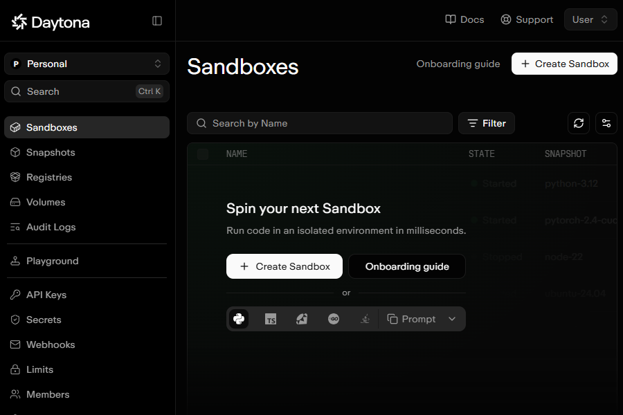 Daytona dashboard Sandboxes page with a Create Sandbox button.