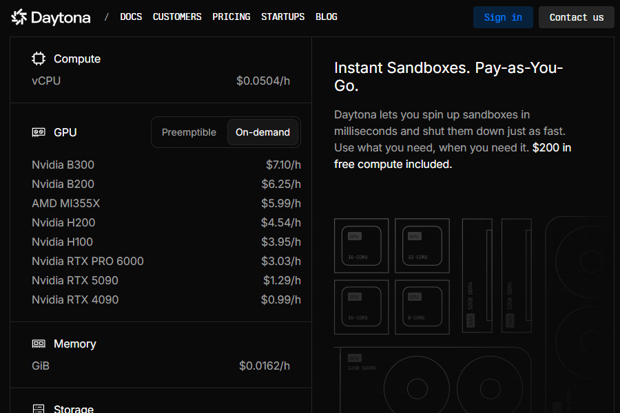 Daytona pricing page showing on-demand GPU rates, including the H100 at $3.95 per hour, plus vCPU and memory rates.