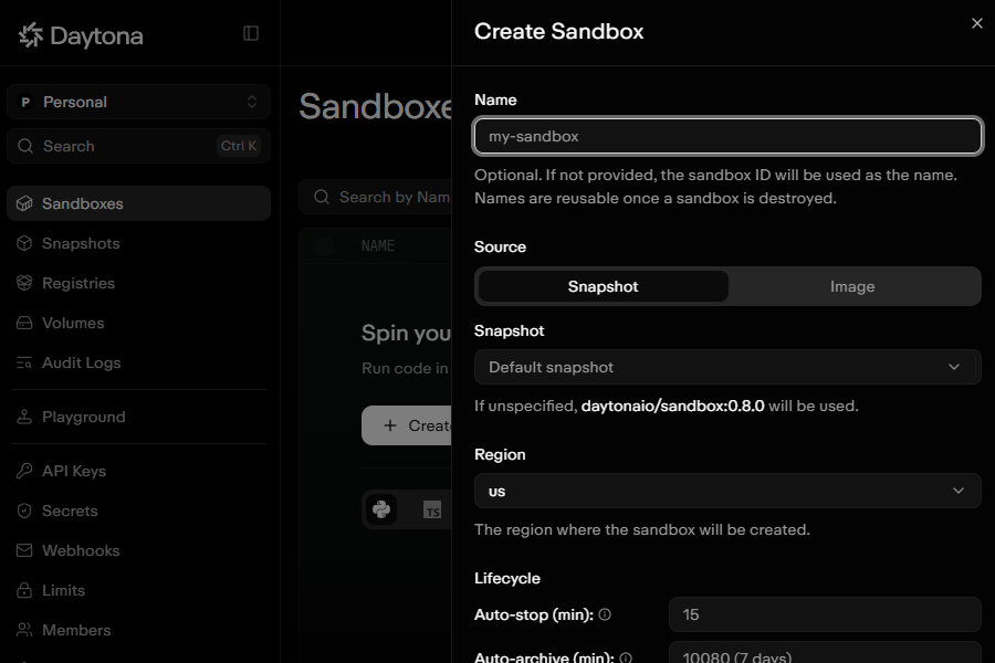 Daytona Create Sandbox panel with the auto-stop interval set to the 15-minute default.