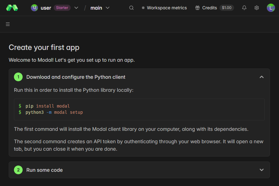 Modal console onboarding steps for installing and configuring the Python client