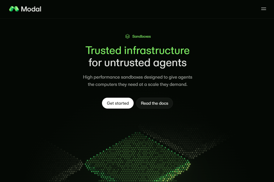 Modal Sandboxes product page with the headline Trusted infrastructure for untrusted agents