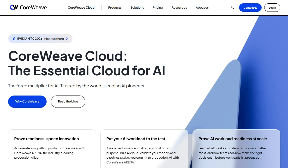 CoreWeave homepage with enterprise GPU cloud services.