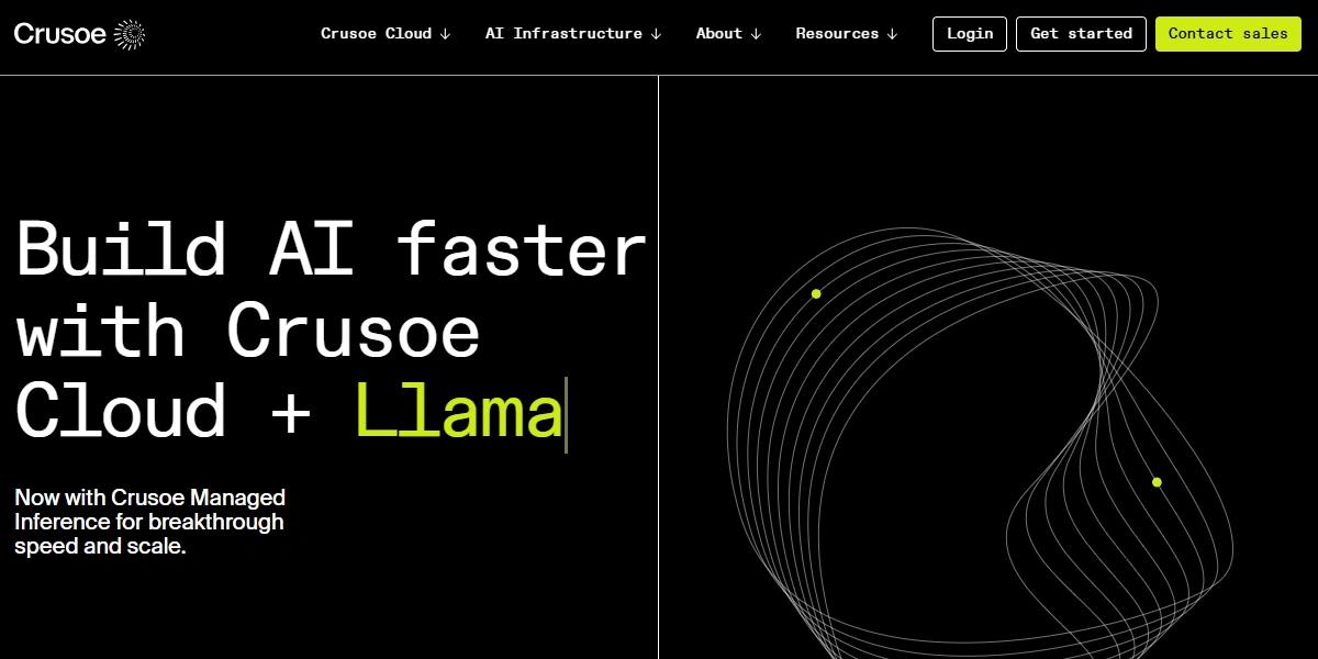Crusoe Cloud homepage with cloud GPU infrastructure.