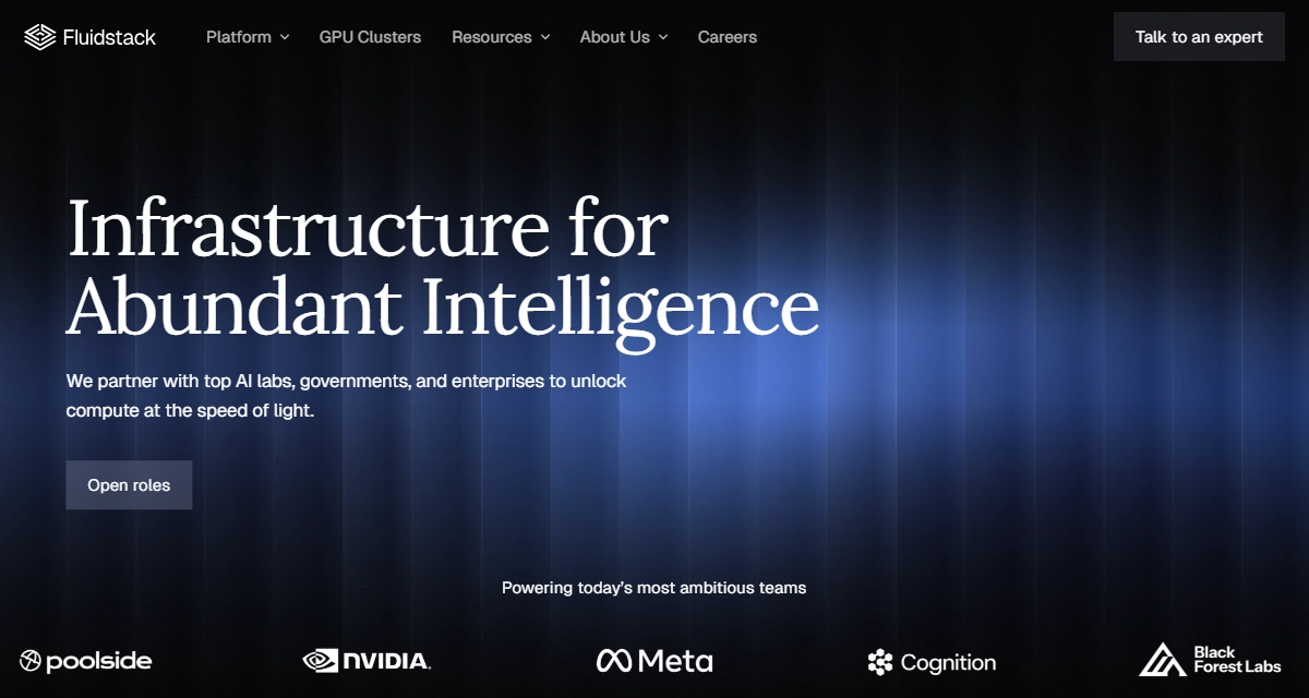FluidStack homepage with enterprise GPU cloud infrastructure.