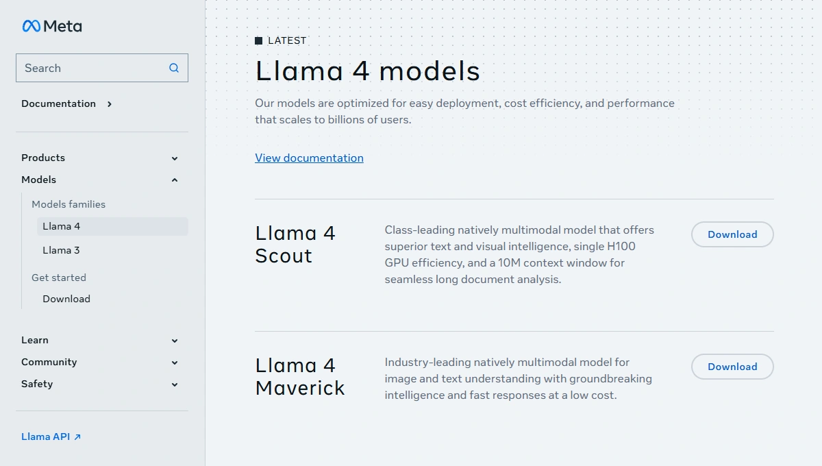Official Llama 4 download on Meta website