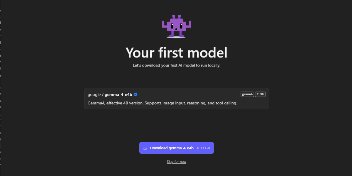 LM Studio welcome screen displaying model selection interface with download button prominently featured and helpful tooltip text guiding new users through the setup process.