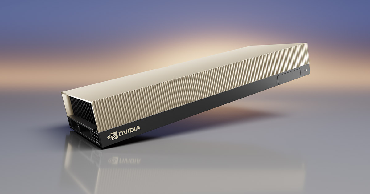 NVIDIA L40S graphics processing unit against a dark background, showcasing its sleek black design and cooling fins. The card features the NVIDIA branding and industrial aesthetic typical of professional data center GPUs. The image conveys sophistication and high-performance computing capability.