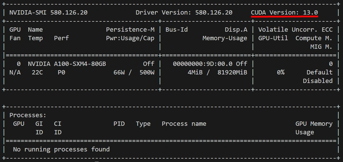 Terminal screenshot showing nvidia-smi output with GPU name, driver version, CUDA version, and memory usage in a Linux command line environment