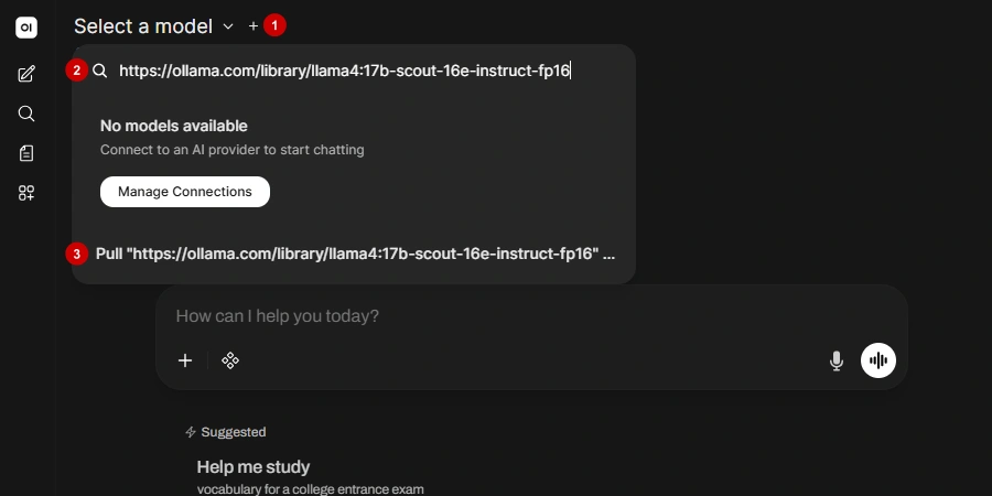 Ollama Interface showing model selection dropdown