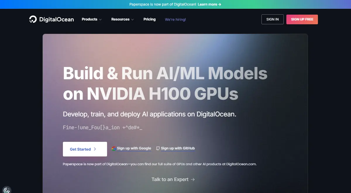 Paperspace homepage with browser-based GPU notebooks and machines.