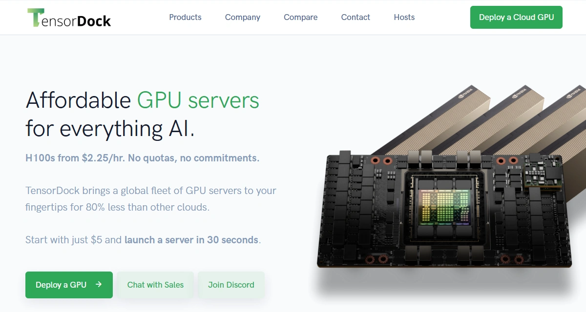 TensorDock homepage with on-demand cloud GPU listings.