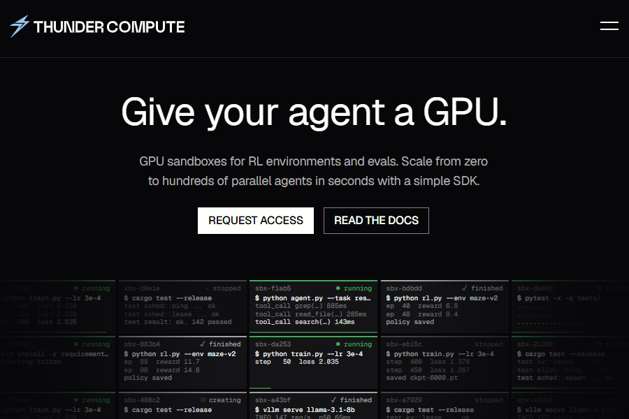 Thunder Compute GPU sandboxes page with the headline Give your agent a GPU