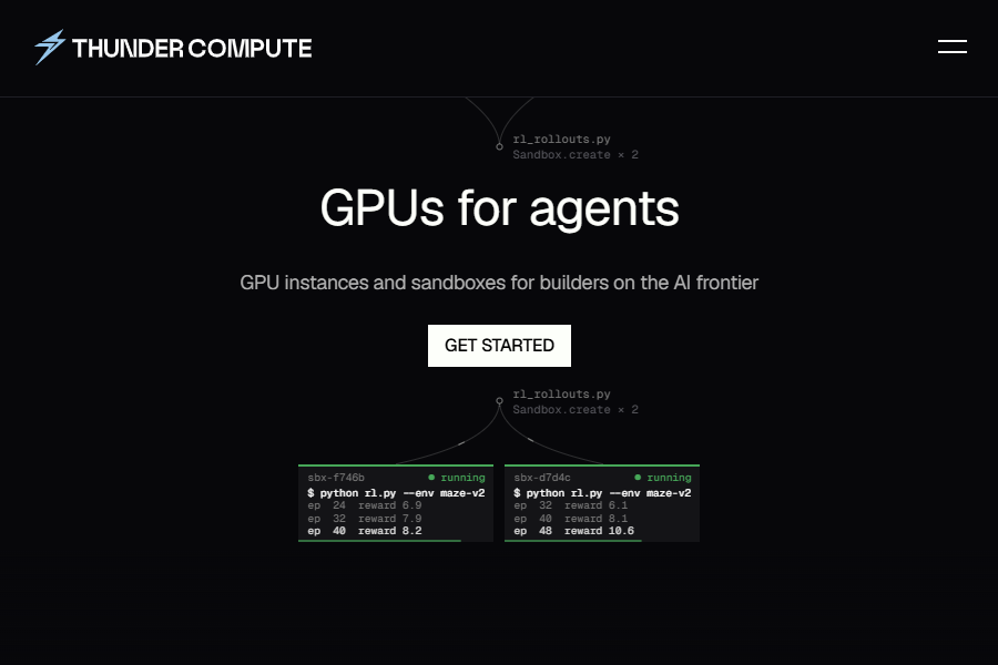 Thunder Compute homepage with low-cost GPU instances and simple setup.