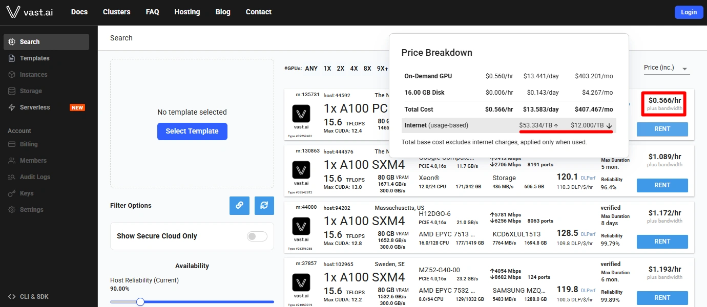 Vast.ai bandwidth cost diagram showing a chart of upload and download fees, with a note about an A100 80GB instance and higher transfer costs