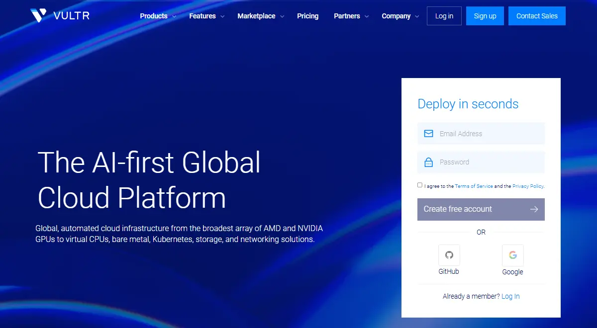 Vultr homepage with cloud GPU instance offerings.